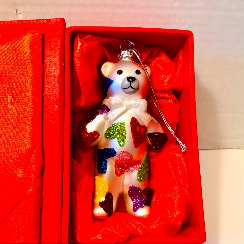 Glass Teddy Bear with Hearts Xmas Ornament, New in Satin Padded Box, 5” Tall